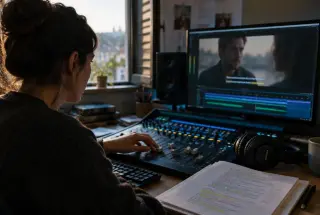 Sound editor comparing two film audio tracks in a softly lit post-production studio