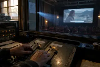 Sound technician adjusting cinema audio channels while a subtitled film plays beyond the projection booth.