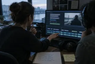 Deaf consultant and audio editor reviewing a film’s sound and subtitle timing in a softly lit post-production room.