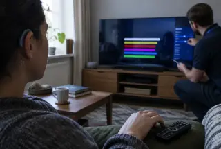 Viewer and technician examining multicolored subtitle settings on a television in a softly lit living room.